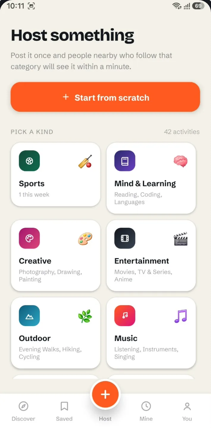 Host screen with a Start from scratch button and activity categories to pick from