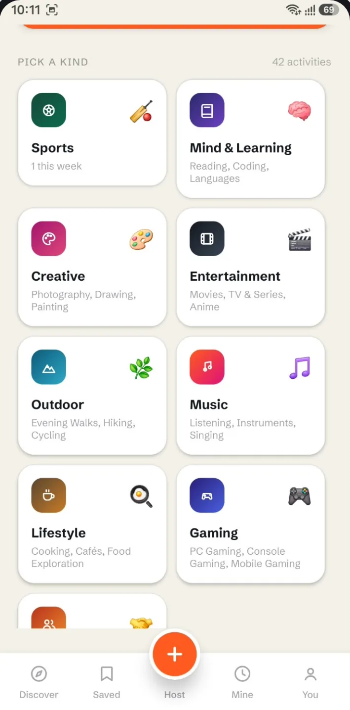 Grid of activity categories: Sports, Mind and Learning, Creative, Entertainment, Outdoor, Music, Lifestyle and Gaming