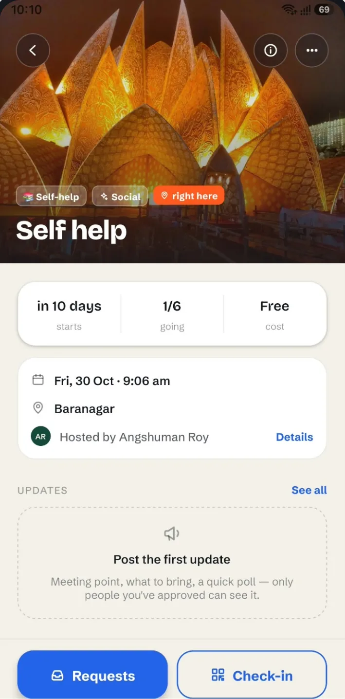 A plan's page showing start time, people going, cost, place, host and the Requests and Check-in buttons